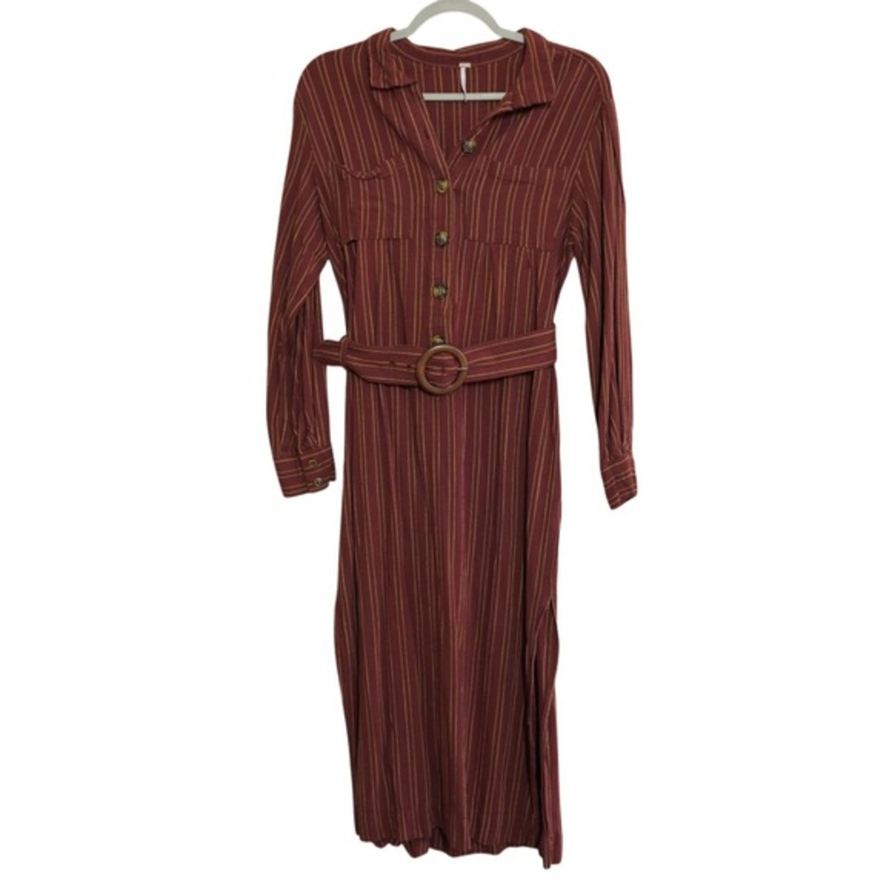 Free People Burgundy Pinstripe Belted Midi Shirt Dress Maroon Academia Boho